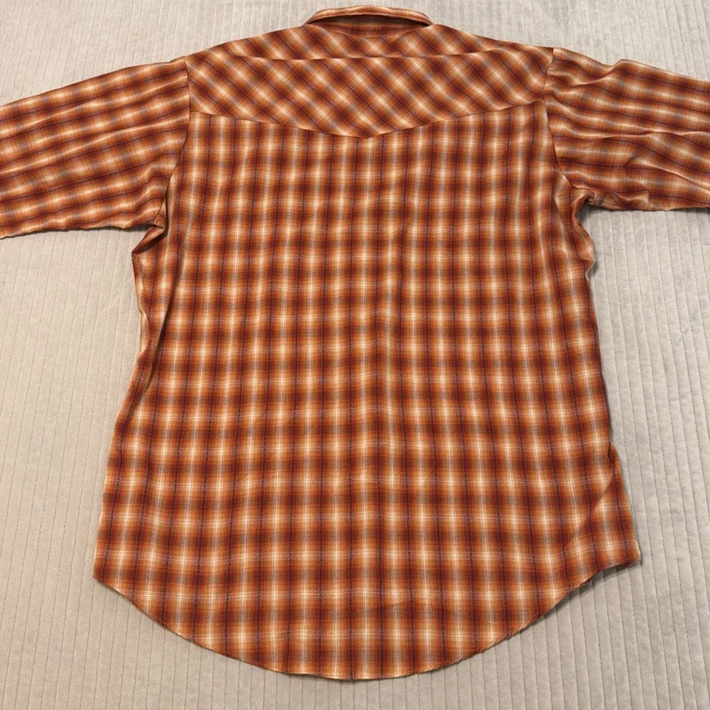 Ely Cattleman Pearl Snap Western Shirt Mens L Orange Blue Plaid Long Sleeve